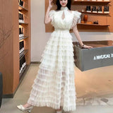 Niche Elegant Dress Women's High-End Lace Short Sleeves To Show Thin Multi-Layer Pongeist Long
