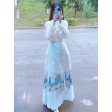 Chinese Costume Hanfu Improved Daily Commute White Shouldered Plane Sleeve Shirt Horse Face Skirt Two-Piece Suit