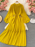Autumn Purple/Orange/Red Draped Long Dress Boho Round Neck Flying Sleeve High Waist Elegant Vacation Beach Robe Bohemian