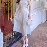 White Lace Dress Women Elegant Hook Flower Hollow Vintage Party Vestido High Waisted Puff Sleeve Streetwear Bodycon