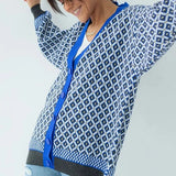 Free Shipping V-Neck Lantern Long Sleeve Cardigan Women Knitted Printed Oversized Sweater 2022 Fall New Single-Breasted