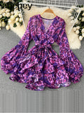 Elegant Party Dress Women Korean Design Ruffles Long Sleeve A-line Dress Spring Mesh Embroidery Flower Short