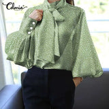 2022 Fashion Bow Tie Elegant Top Women Lantern Sleeve Printed Blouse Elegant Ladies Shirt High Collor Casual Party