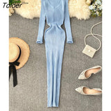 Women Autumn Knitted Dress V Neck Sexy Slim Elastic Oversized Basic Bodycon Long Dress Winter knit Warm Sweater