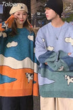 Vintage Couple's Sweater Winter Women Casual Print Warm Daily Knitwear Coats Loose BF Pullover Harajuku Jumper