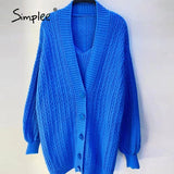 Simplee Sexy buttons v-neck long sleeves knitted mini dress set women Sexy crop tank top sweater coat suit Loose two pieces