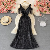 Red/Pink/White Sequins Party Maxi Dress For Women Sexy V-Neck Short Sleeve High Waist Tassel Long Robe Female Elegant
