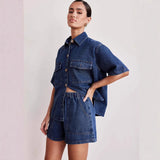 2025 New Vintage Casual Pocket Short Sleeve Shirt Shorts Denim Set