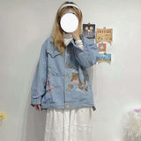 Deeptown Embroidery Jean Jacket Autumn Winter Fashion Vintage Korean Fashion Clothing for Womens Cotton Loose Casual