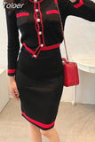 Autumn Women Office Knitted Skirt Set Long Sleeve Pockets Cardigan Tops + High Waist Mini Skirt Knitting 2 Two Pieces