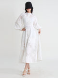 Elegant Solid Dresses For Women Stand Collar Long Sleeve Single Breasted High Waist Tunic Embroidery Dress Female