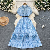Belt Dress 2025 Summer To Collect Thin Temperament French Retro Short-Sleeved Print