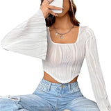 Crop Top 2000s Aesthetic Women Long Sleeve Scoop Neck Hanky Hem Solid Color Slim Fit T-Shirt y2k Clothing