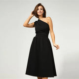 party French One-Shoulder A-Line Dress Woman Diagonal Collar Sleeveless High Waist Office Lady Mid-Calf Dress 2022 New