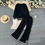 Women Casual Knitted Suits O Neck Long Knit Top+Split Wide Leg Pant Female Fashion OL Sweater Two Pieces