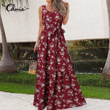 2022 Women Summer Dress Sexy Sleeveless Floral Print Belted Long Dress Casual Loose Party A Line Oversize Sundress