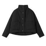 Black Warm Short Stand Collar Cotton-padded Coat Long Sleeve Loose Fit Women Parkas Fashion New Autumn Winter 2022