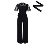 Women's Sexy Lace Lace Hollow Short-Sleeved Strap High-Waisted Broad-Legged Jump-Legged