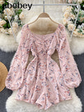 Floral Jumpsuit Women Ruched V Neck Puff Sleeve Office Rompers Autumn Boho Print Holiday Wide Leg Short