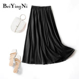 Pleated Midi Skirt Elastic High Waist Sweet Casual 2020 Summer Slim Long Preppy Woman's Skirts Maxi Black Skirt