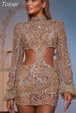 Fashion Elegant Women's Dress New Round Neck Long Sleeve Gauze Sequined Mini A-line Dresses Female Summer 2023