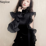 Sexy Hollow Out Blouse Women 2023 Korean Fashion Shirt Elegant Ruffles Velvet Blusas De Mujer Black Turtleneck