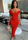 Vintage Off-the-shoulder Short Sleeves Solid Ruched Slit Pencil Midi