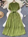French Pleated Women Dress V Neck Short Sleeve Waist Sheath Dress Female Retro Belt Streetwear Fashion Long
