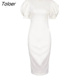 Office Bodycon Midi Dress Elegant Women Puff Sleeve Summer Dresses Chic High Waist Slim O-Neck Pencil Party Dress Lady