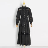 Spring Dress For Women Stand Collar Long Sleeve High Waist Cut Out Solid Midi Dresses Female Fashion Clothing
