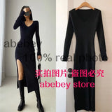 and winter sexy French slit sweater dress female slim tight-fitting hip-knit over-the-knee