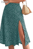 Women Summer Green Boho Midi Skirts Elegant Split Thigh Print Long Length High Waist Slit A Line Korean Fashion