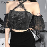 Gothic Summer Halter Black Camis Women Streetwear Bandage Hollow Out Crop Top Sleeveless Punk Backless Sexy
