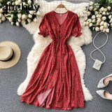 button floral print V Neck Long Dress Summer Party elastic waist dress Women elegant tunic split beach