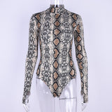 Snakeskin Printed Turtleneck Bodysuit Long Sleeve Winter Women's Body Windproof Cuffs Bodysuits Women Outfits