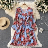 Autumn Women Floral Draped Mini Dress Bohemian Female V-Neck Puff Long Sleeve High Waist Bandage Pleated Vestido Female Robe