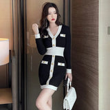 Women V Neck Knitting Dress Chic Autumn Winter Golden Button Hit Color Patchwork Bodycon Mini
