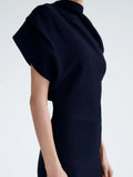 Fashion Women's Knitted Dress Round Collar Asymmetry One Shoulder Half Sleeve Pleated Black Dresses Spring 2023 New