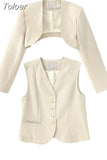 Fashion Women 2 Pcs Set Slim V-neck Single Breasted Solid Color Vest Long Sleeve Short Blazer Suit Spring 2023 New