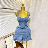 Summer Elastic Waist Sexy Cowboy Sling Dress Lotus Side Ass Short Skirt