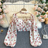 Women Boho Floral Blouse Korean Retro Square-Collar Puff Sleeve Slim Tops Spring Sexy Streetwear Print Short