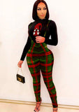 Casual Print Long Sleeve Top And Plaid Suspender Pant 2 Piece