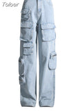 Fashion Women's Cotton Jeans High Waist Loose Long Straight Pocket Wide Leg Blue Denim Pants Spring 2023 Trend New
