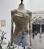 Shooting Tie-Dye Print Spliced Denim T-Shirt Girl Autumn Design Sense Irregular Hair Side Short-Sleeved Top