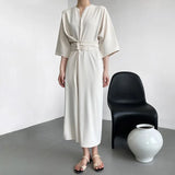 Women Black Buckle Long Elegant Dress New Round Neck Three-quarter Sleeve Loose Fit Fashion Spring Autumn 2023