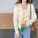 Autumn Urban Casual Korean-Style Women's Wear V-neck Slim-Fit Embroidered Flower two-pieces Knitted Sweater