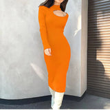 Knitted Women's Solid Slim Midi Dress 2022 Autumn Mock-neck Hollow Out Long Sleeve Dresses Ladies Sexy Elegant
