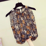 Halter Floral blouse women 2022 summer Korean Sexy fashion elegant loose sleeveless halter retro chiffon shirt