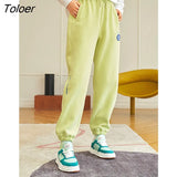 Women Sweatpants Autumn Winter Elastic Waist Joggers Trousers Matcha Green Fleece-Lined Chic Casual Sports Harem