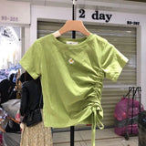 Short Floral Printed Short Sleeve Tees Adjustabale Drawstring Round Neck Shotr T-shirts Slim Casual Fashion